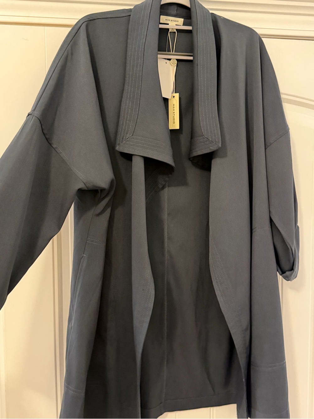 Max Studio Longline Open-Front Trench Coat in Slate Blue-Gray